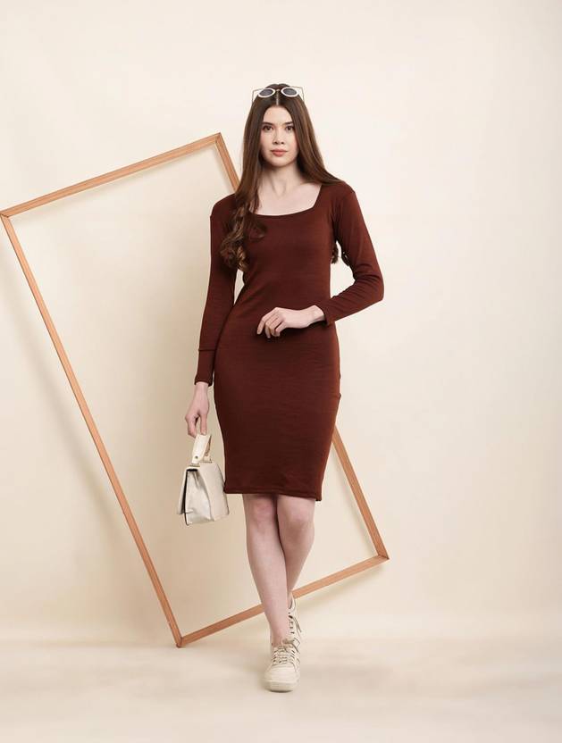 MYLOOKUP Women Bodycon Maroon Above Knee/Mid Thigh Length Dress