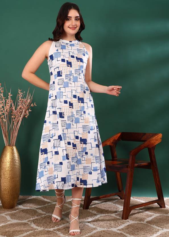 IKRASS Women Fit and Flare Blue Midi/Calf Length Dress