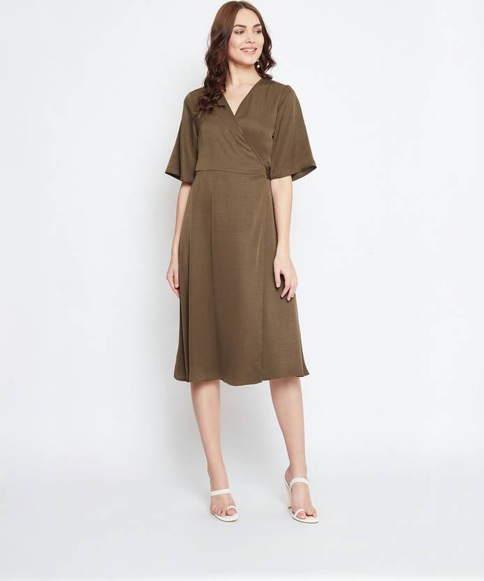 PURYS Women Wrap Beige Below Knee Dress