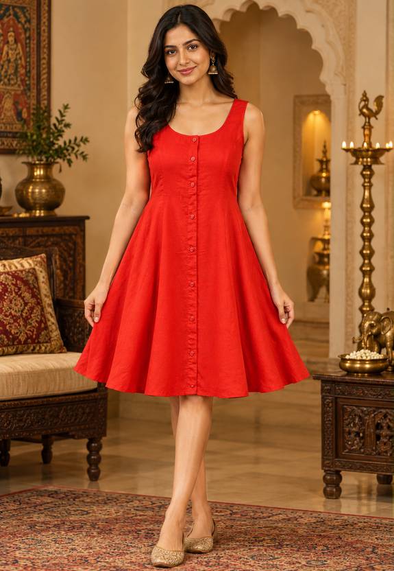 Nobarr Women A-line Red Knee Length Dress