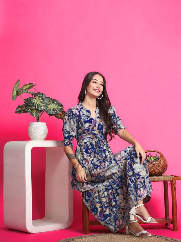 Presha Women Fit and Flare Blue Midi/Calf Length Dress