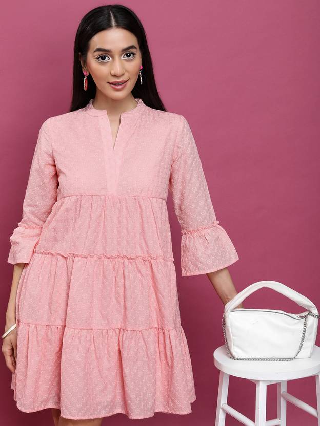 Vishudh Women Layered Pink Above Knee/Mid Thigh Length Dress