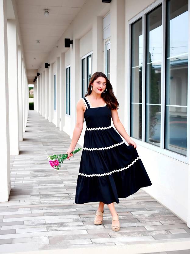HeyStree Women Tiered Black Midi/Calf Length Dress
