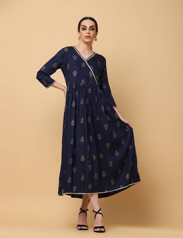 aayusika Women Fit and Flare Dark Blue, Gold Midi/Calf Length Dress