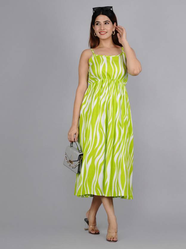 ASFEBRICS Women Fit and Flare Light Green Midi/Calf Length Dress