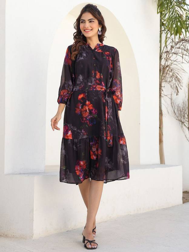 Janasya Women Tiered Black Midi/Calf Length Dress