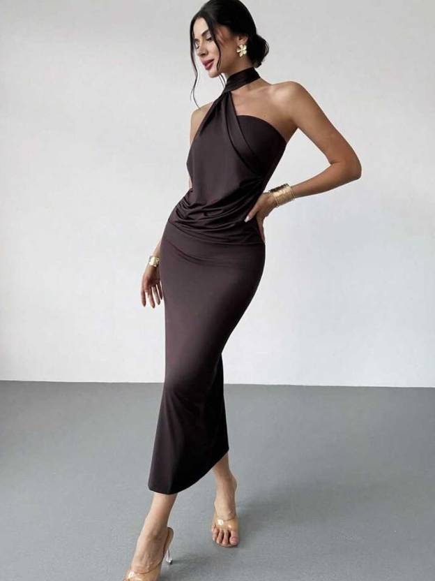 Suo Women Bodycon Brown Maxi/Full Length Dress