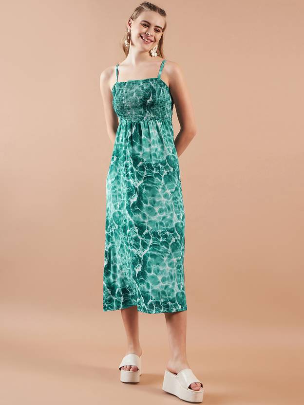 Freehand By The Indian Garage Co. Women Fit and Flare Green, White, Dark Green Midi/Calf Length Dress