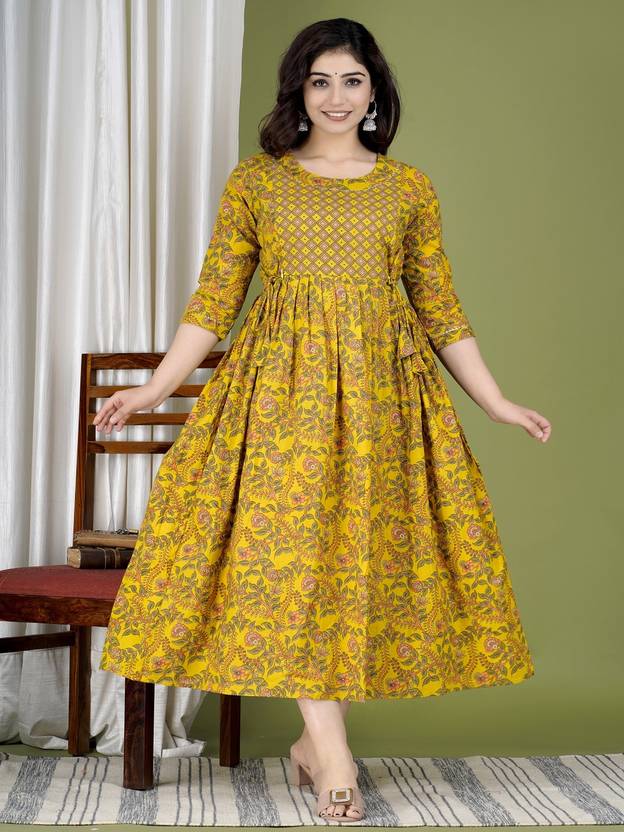 Nevisha Style Women Fit and Flare Yellow Below Knee Dress