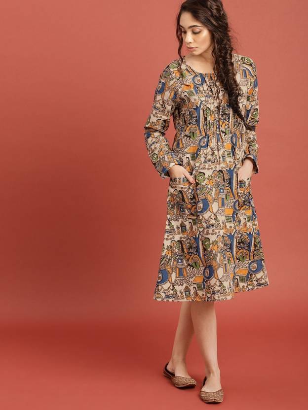 Taavi Women Fit and Flare Beige Midi/Calf Length Dress
