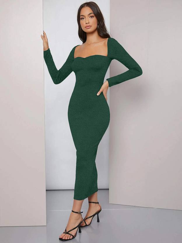 Alekya Women Bodycon Dark Green Midi/Calf Length Dress