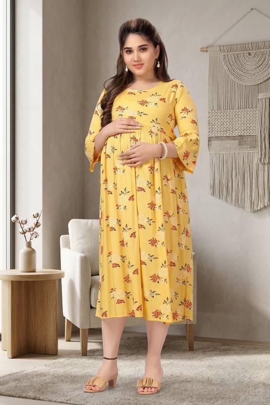 mama & bebe Women Fit and Flare Yellow Midi/Calf Length Dress