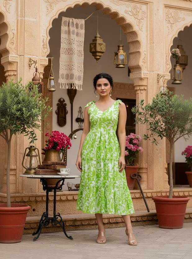 Tanavigarment Women Fit and Flare Green, White Midi/Calf Length Dress