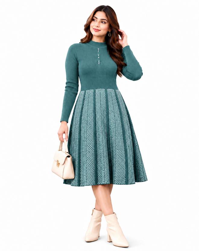 Lasoon Women Pleated Green Below Knee Dress