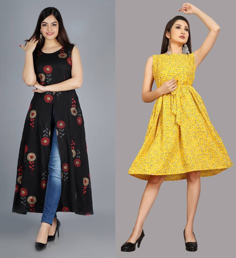 Women Fit and Flare Yellow Dress