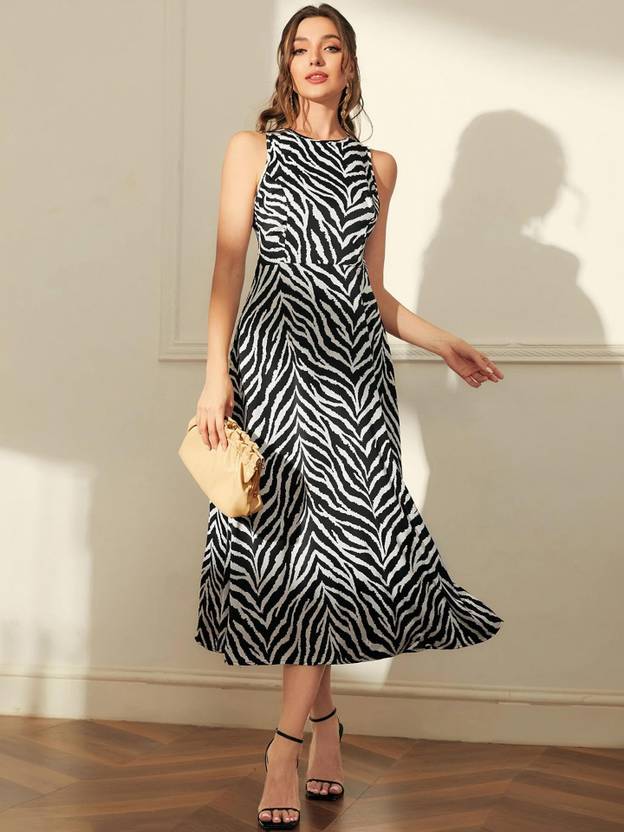 Ompax Women A-line Black Midi/Calf Length Dress