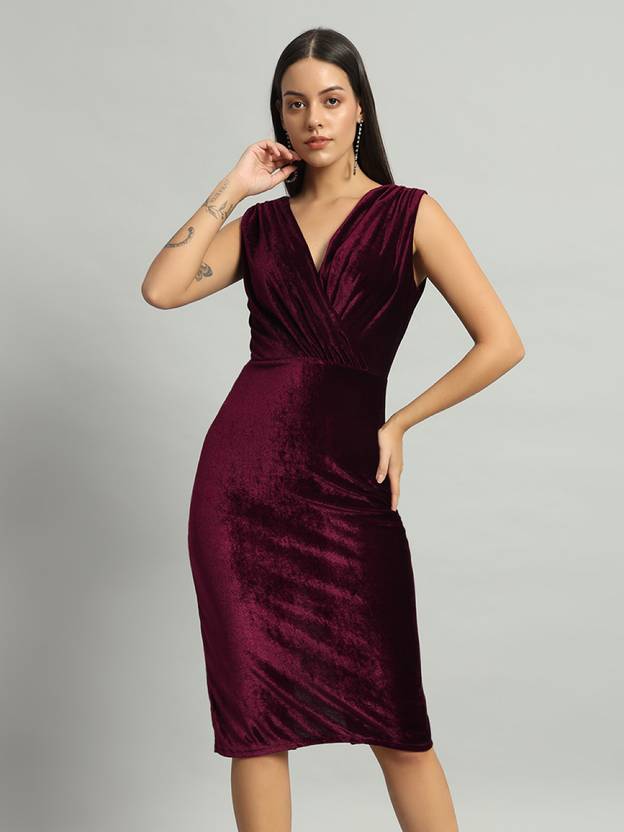 Vaararo Women Bodycon Maroon Below Knee Dress