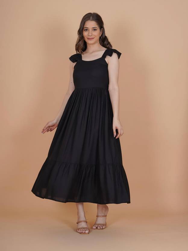 INDIANIC Women A-line Black Midi/Calf Length Dress