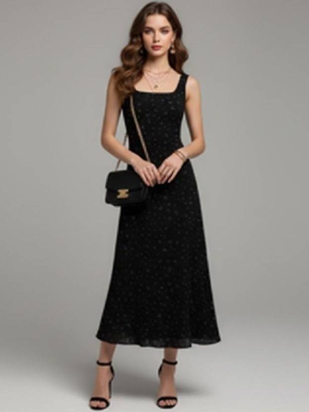 Suo Women A-line Black Midi/Calf Length Dress