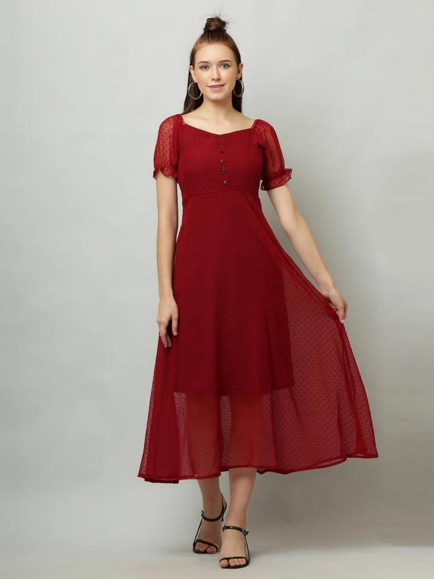MYLOOKUP Women Fit and Flare Red Midi/Calf Length Dress