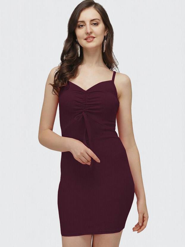 Clafoutis Women Bodycon Maroon Knee Length Dress