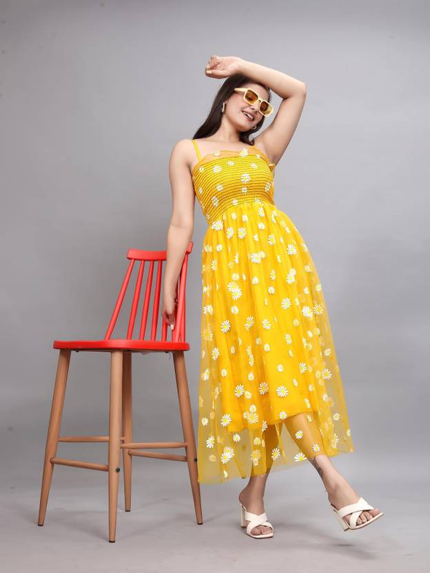HeyStree Women Fit and Flare Yellow Maxi/Full Length Dress