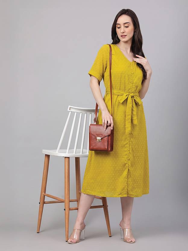 Janasya Women A-line Green Midi/Calf Length Dress