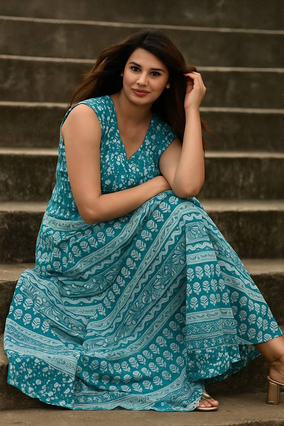 AALIVAAS Women Fit and Flare Blue Midi/Calf Length Dress
