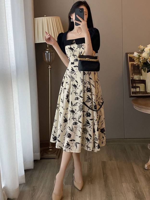 Suo Women Fit and Flare White Midi/Calf Length Dress