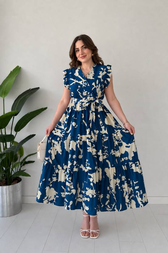 FabFinds Women Tiered Blue Maxi/Full Length Dress