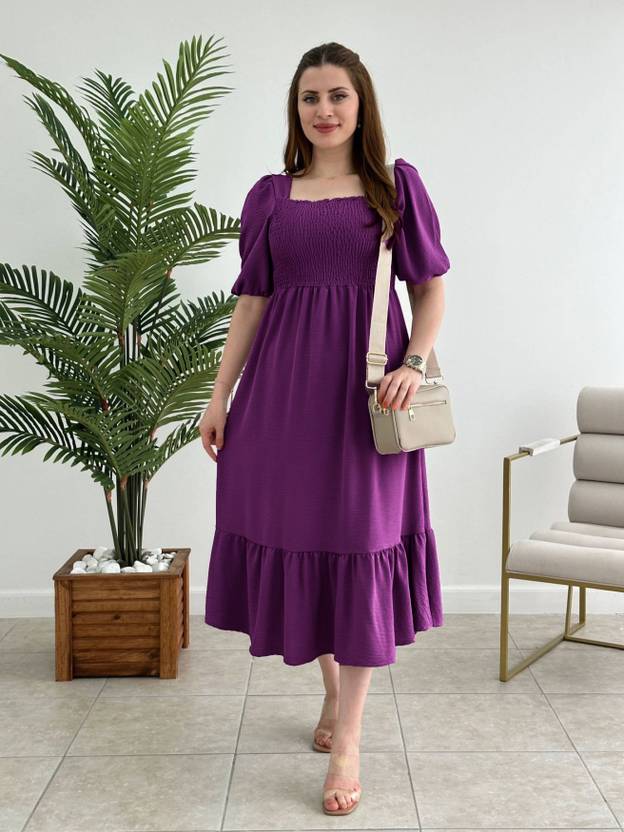 HeyStree Women Fit and Flare Purple Midi/Calf Length Dress