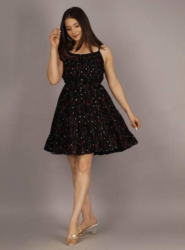 ASFEBRICS Women Fit and Flare Black Knee Length Dress