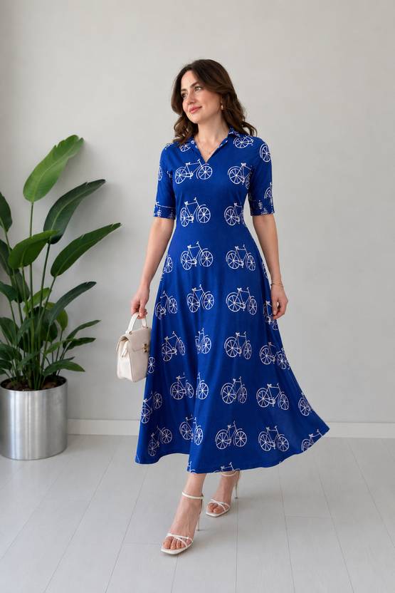 FabFinds Women Fit and Flare Blue Maxi/Full Length Dress
