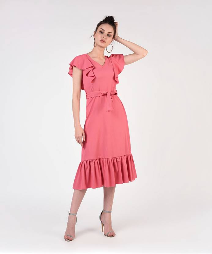 FLOREOS Women Ruffled Pink Knee Length Dress