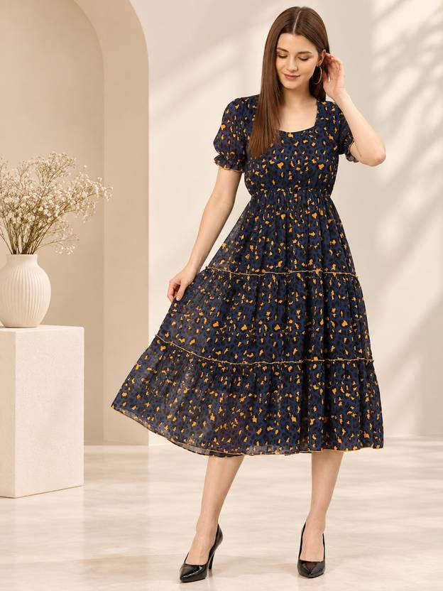 SLENOR Women A-line Multicolor Midi/Calf Length Dress