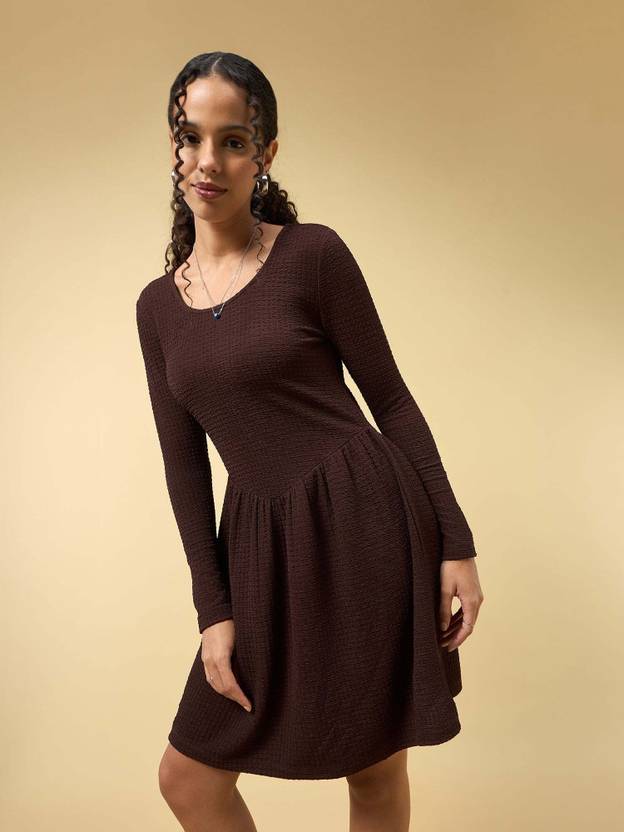 OUTZIDR Women Fit and Flare Brown Knee Length Dress