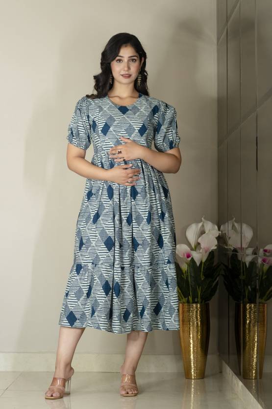 Negen Women Fit and Flare Blue Midi/Calf Length Dress