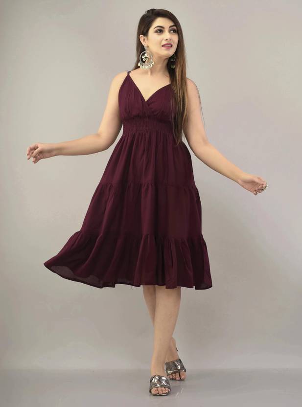 VYMO Women A-line Maroon Knee Length Dress