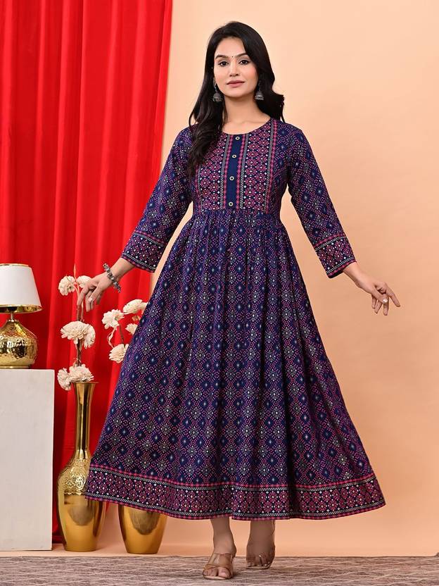 KALPHEM Women Fit and Flare Blue Maxi/Full Length Dress