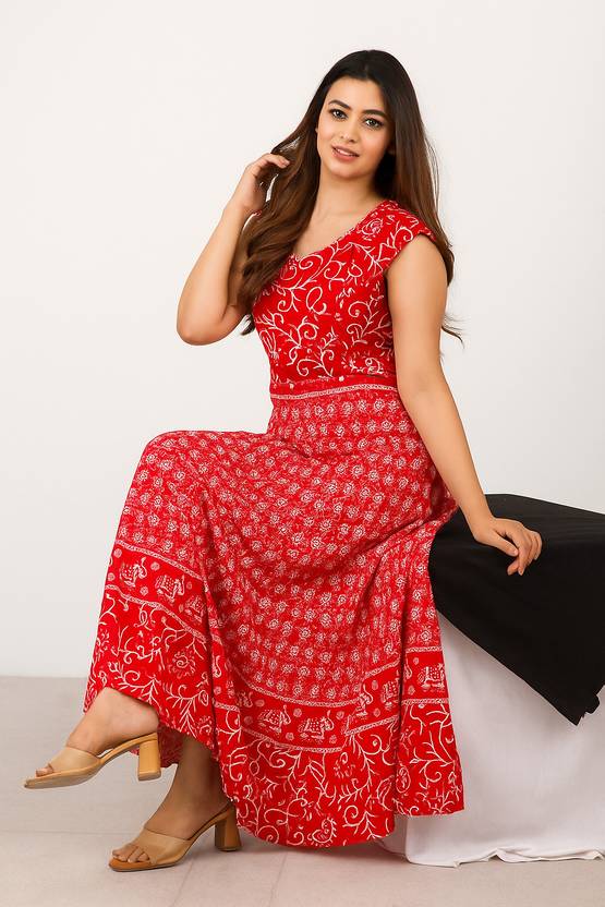 AALIVAAS Women Fit and Flare Red Midi/Calf Length Dress