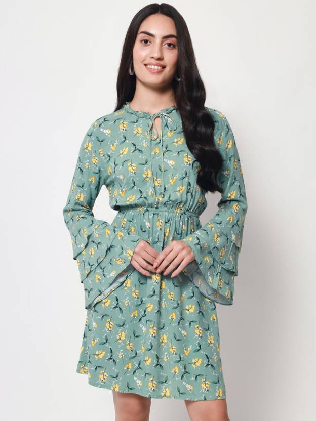 BEATNIK Women A-line Green Above Knee/Mid Thigh Length Dress