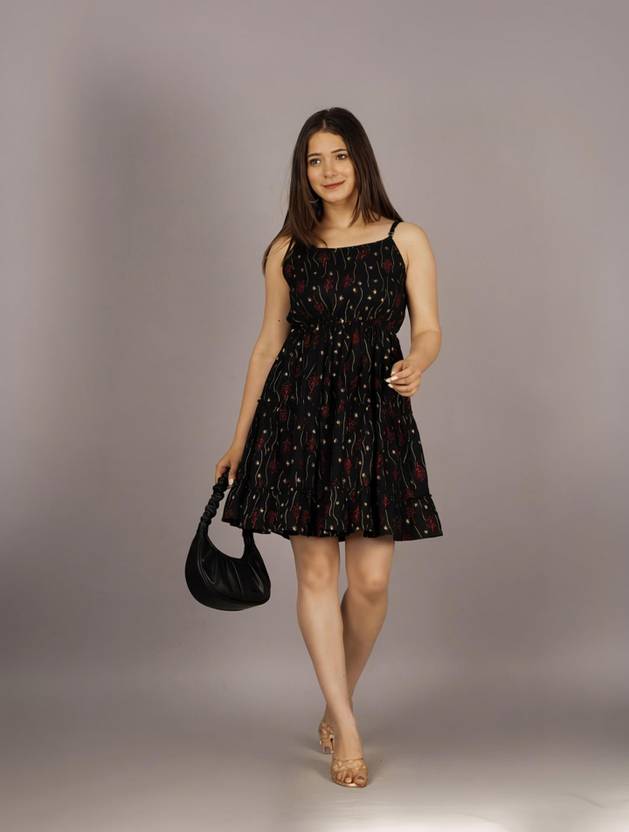 ASFEBRICS Women Skater Black Above Knee/Mid Thigh Length Dress