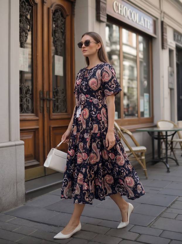 Larqi Women Fit and Flare Multicolor Midi/Calf Length Dress
