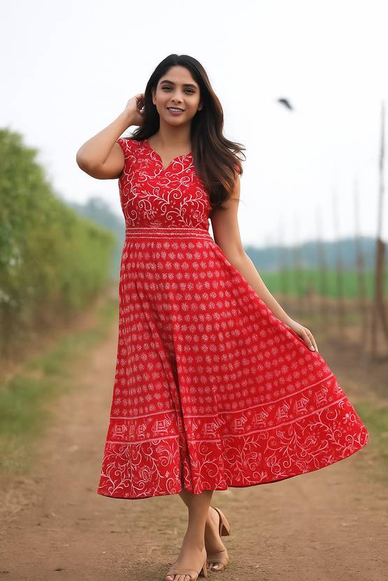 AALIVAAS Women Fit and Flare Red Midi/Calf Length Dress