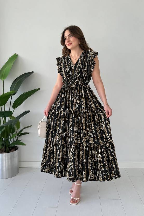 FabFinds Women Tiered Black Maxi/Full Length Dress
