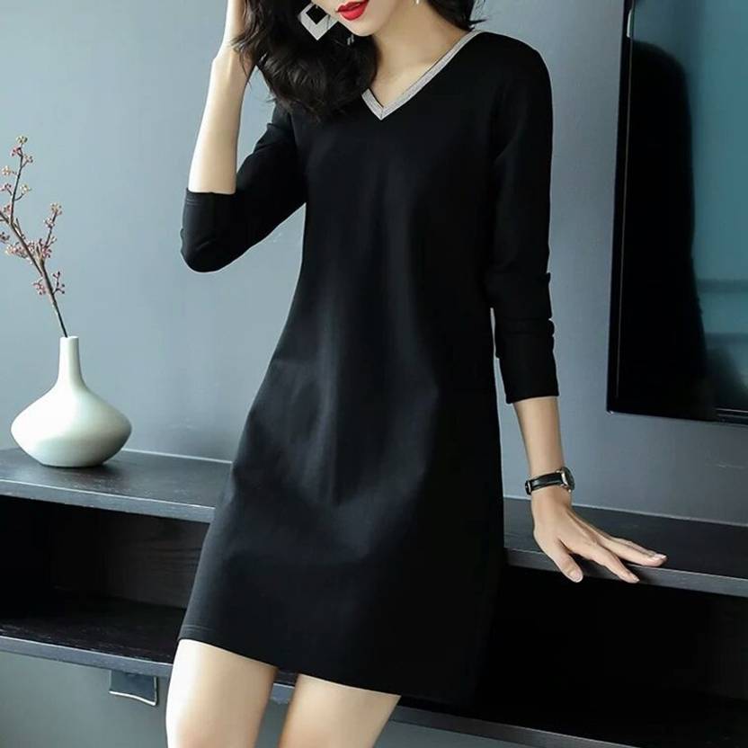 BoStreet Women A-line Black Above Knee/Mid Thigh Length Dress