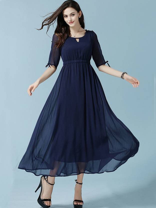 GRISHU COLLECTION Women Fit and Flare Dark Blue Maxi/Full Length Dress