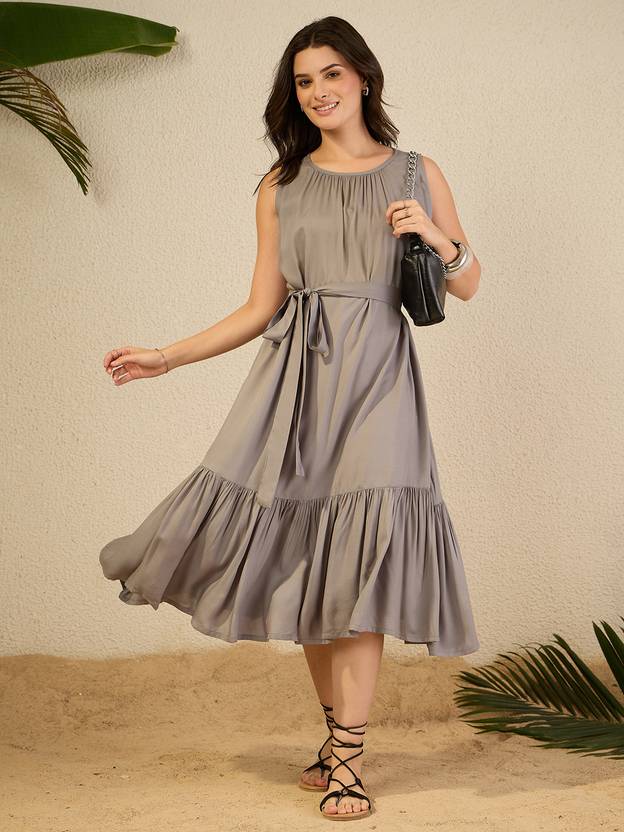 Janasya Women Fit and Flare Grey Midi/Calf Length Dress