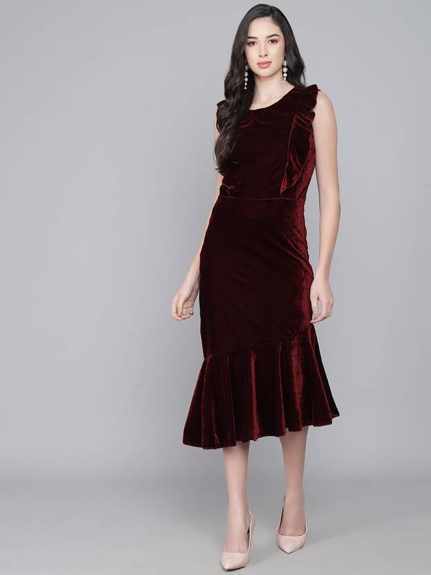 Vaararo Women Bodycon Maroon Below Knee Dress