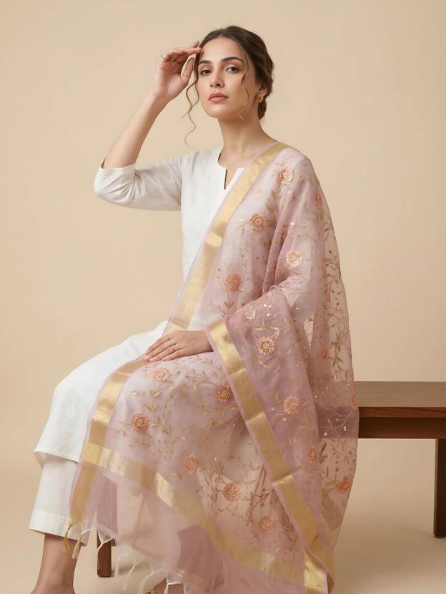 MUFFLY Organza Printed Peach Women Dupatta